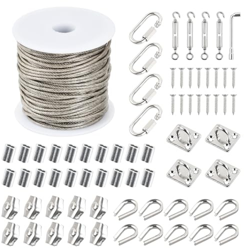 70 Pcs Kit 30m Cable Acero Plastificado 2mm 7x7 con 4 Tensores de Alambre, 20 Presillas, 10 Abrazaderas, 10 Guardacabos, 4 Ganchos y 4 Mosquetones, Cuerda para Tender Ropa Exterior Jardín (2mm)
