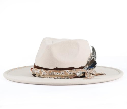 H.Busque Big Brim Fedora Mens Women Felt Boho Hat Panama Dress Up Hats Beige