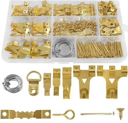 Kit di 230 ganci per appendere quadri, resistenti, con filo, chiodi, anelli a D, ganci a dente di sega e occhi a vite per pareti dure