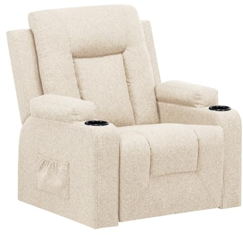 LUCKRACER Relaxsessel Fernsehsessel mit Liegefunktion und Fußstütze, 360°Drehbarer TV Sessel Wohnzimmer, Schaukelstuhl mit Getränkehaltern und Seitentasche Leinen Beige