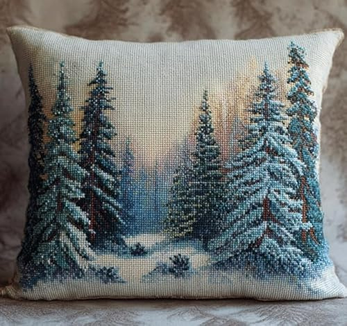 XFENDOUDOU Kreuzstich Kissen Set Vorgedruckt Stickset DIY Kiefernwald im Winter Gebastelt Kissenbezug ohne Kissenkern für Anfänger Erwachsene 45x45cm Bastelset Haus Dekoration