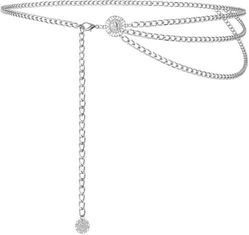 Alaoo Cinturón de Cadena para Mujer,Cinturón de Cadena de Metal Estilo Occidental,Vintage Ajustable Cadena de Cintura del Vientre para Vestidos, Jeans, Accesorios para Mujer,Plata,D,115