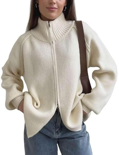 LIUYUYOUGO Chaqueta De Punto Mujer Cárdigan De Mujer con Cremallera Frontal Otoño Exterior Cuello Alto Doble Cremallera Suéter De Punto Holgado Abrigo De Punto Grueso Suéter De Punto De Invierno