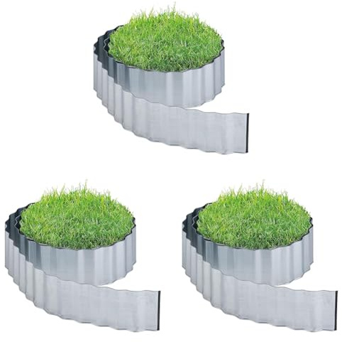 Relaxdays Rasenkante 6m, Beetbegrenzung aus Metall, verzinkt, flexibel, Umrandung f. Beet oder Rasen, 16cm hoch, Silber (Packung mit 3)