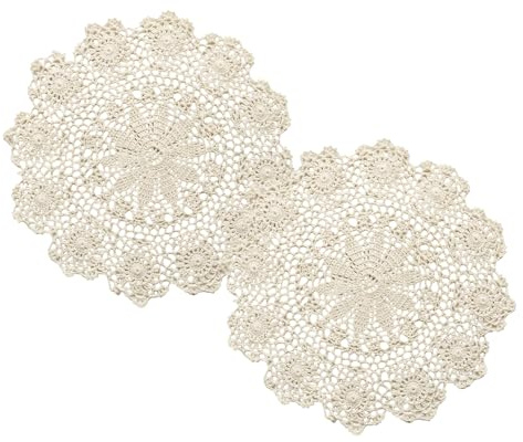 2 Stück Handgefertigte Tischsets, Häkelspitze Baumwoll-Tischdecke, Vintage-Deckchen, Blume Matte Rund Gehäkelt Spitzendeckchen, Gewebte Platzsets für Küche, Esszimmer Party (Beige: 35 cm)