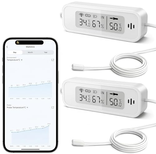 WIOONI WLAN Thermometer Hygrometer Innen, WiFi Temperatursensor mit Fühler und Tuya/Smart Life App für Pool, Teich, Aquarium, Gewächshaus, Terrarium, 2