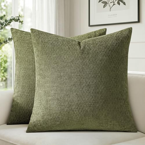 a moment Kissenbezug 40x40 cm Olivgrün Chenille 2er Set mit dezenter Struktur Weiche Kissenbezüge Flauschige Dekokissenhülle Waschbare Kissenhüllen für Sofa Couch Wohnzimmer Schlafzimmer