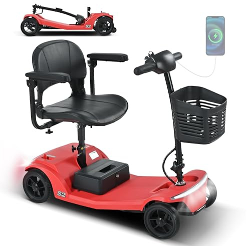 Elektromobil für Senioren klappbar leicht, Seniorenmobil 136 kg Tragkraft, 15 km Reichweite mit herausnehmbarem Akku, Elektroroller 4-Rad mit USB & LED, kein Führerschein erforderlich, Rot
