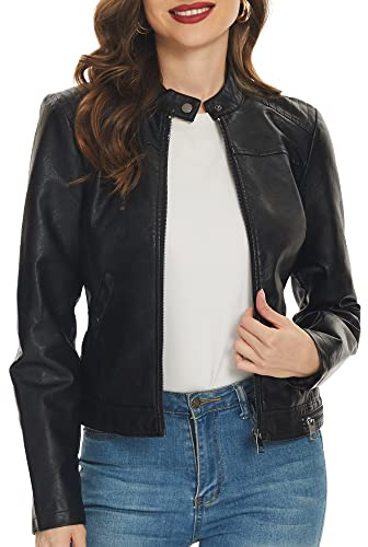 Fahsyee Black Faux Leather Jackets for Women Zip Up Motorcycle Short PU Moto Biker Outwear Fitted Slim Coat Size XL