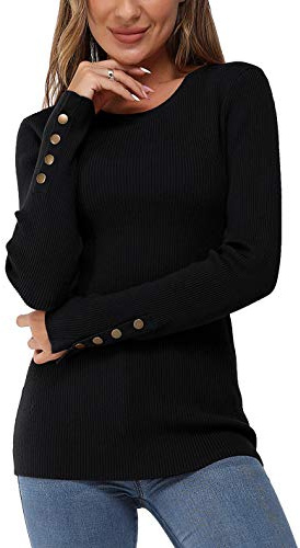 Newshows Long Sleeve Tops for Women UK Ladies Jumpers Button Solid Crew Neck Lightweight Knit Pullover Sweater Black,M