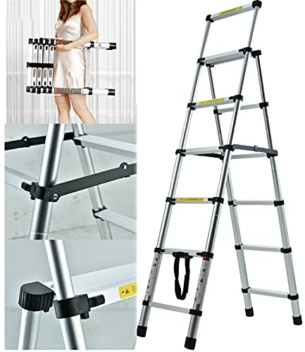 6 Step Ladder Aluminium Stepladder Heavy Duty 150kg/330lbs Capacity Telescopic A-Frame Stepladder Portable Non Slip Safety Ladder EN131 Standard