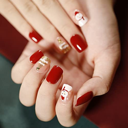 Brishow Weihnachten Künstliche Nägel Weihnachts Baum Schnee Press on Nails Elch Nägel zum Aufkleben Kurz Rot Falsche Nägel 24 Stück für Frauen und Mädchen (2)