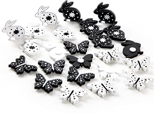 Logbuch-Verlag 24 mini Osterhasen Schmetterlinge Holz Ostern Deko zum Streuen 3 cm Streuteile mit Klebepunkt schwarz-weiß