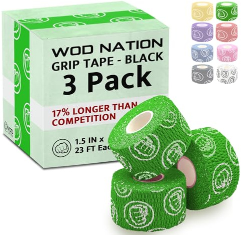 WOD Nation Weightlifting Hook Grip Athletic Tape, Flexible Fabric Thumb & Finger Tape - Easy-Tear, Sweat-Proof, Durable Strips for Powerlifting & Gym, 3-Pack (23 ft Rolls) - Green