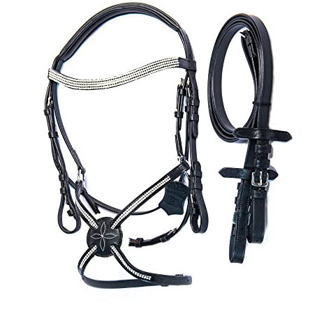 Hulara Top Grain Rindsleder Englischer Zaum Trense Crossover Abbildung 8 Zaumzeug Strass Stirnband und kombiniertes Reithalfter Trensenzaum mit Zügeln Trensen für Pferde