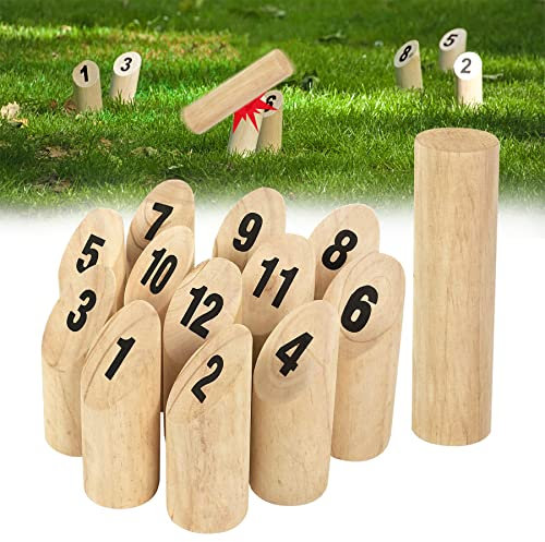 Froadp Kubb Wikingerspiel aus Natürlichem Kiefernholz Wurfspiel Set mit 12 Holznummer und 1 Wurfzylinder Wikingerschach Outdoor Spielzeug Holzwurfspiel Gartenspiele für Kinder & Erwachsene