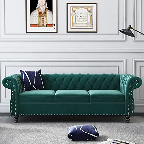 PHOYAL Large Sofa, Velvet Sofa Three-seat Sofa Classic Tufted Chesterfield Settee Sofas Modern 3 Seater Couch Furniture Tufted Back for Living Room (Green)