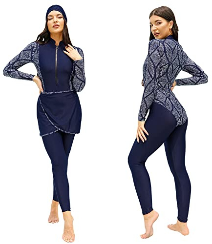 Odizli Burkini Damen Muslim Langarm Body+Schwimmhose+Schürze+Hijab 4tlg Full Cover Islamisch Ganzkörper Modest Badeanzug