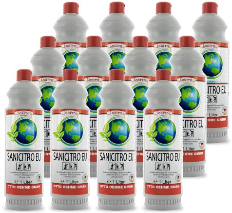 Lorito Sanicitro Sanitärreiniger Konzentrat Kalkreiniger 1 L 12 Stk. - Nachhaltiger Öko-Reiniger zertifiziert mit EU-Ecolabel, Badreiniger gegen Kalk, Urinstein und Schmutz, Made in Germany