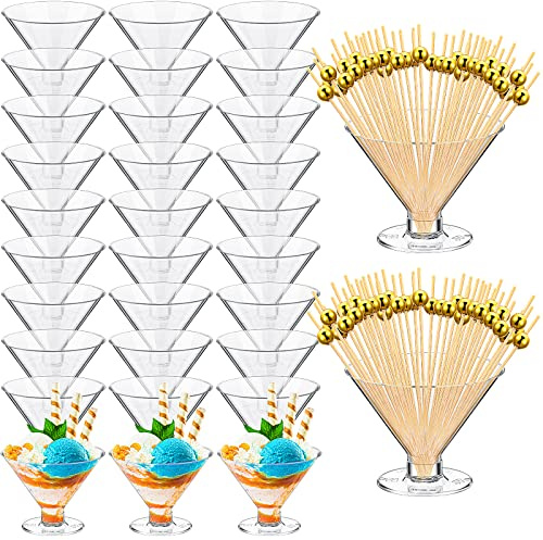 Irenare 100 Pcs 5 oz Plastic Martini Glasses and Cocktail Picks Set Disposable Clear Cocktail Dessert Glasses Unbreakable Mini Cups for Wedding Party Wine Appetizers Food