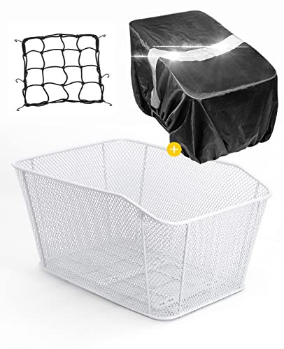 ANZOME Fahrradkorb hinten groß, Fahrradkorb Gepäckträger mit Korbabdeckung wasserdicht & Gepäcknetz Fahrrad Korb hinter, 39×30×19 cm, Weiß