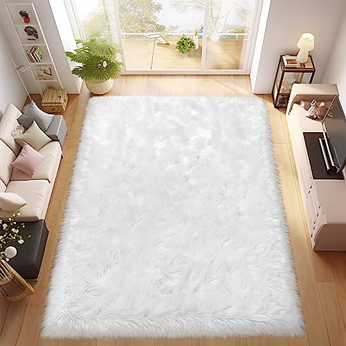 Ciicool Tapis pelucheux en fausse fourrure de mouton blanche pour salon, canapé, sol, chambre d'enfant, crèche, décoration d'intérieur, rectangulaire, 1,5 x 2,4 m