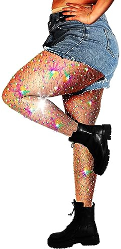 DancMolly 10X Strong Ultra Sparkly Rhinestone Fishnet Stockings, Plus Size Sparkle Fish Net Tights for Women, Sexy Party Concert Outfit, 1 pair Nude M-XL