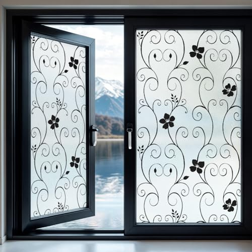 DUOFIRE Vinilos para Cristales, Patrón de Flores Vinilo Ventana Privacidad, Opaco Esmerilada Decorativa Electrostaticos Anti-UV Vinilo Adhesivo Cristal para Hogar, Oficina （Negro, 44.3cm X 200cm）