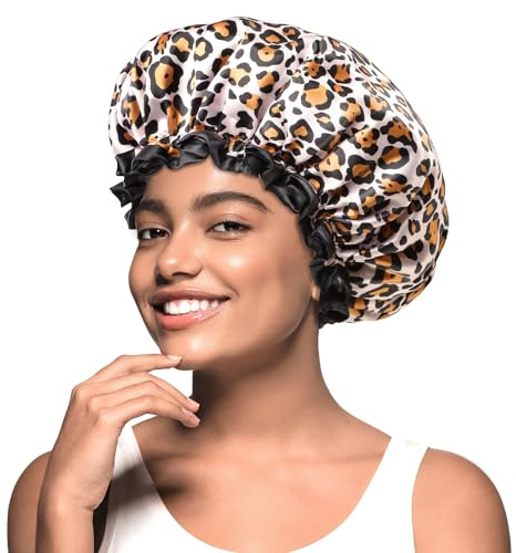 mikimini Duschhaube für Damen, Modische Leoparden-Muster, Wasserdicht und Wiederverwendbar, Badehaube für kurzes bis mittellanges Haar sowie Zöpfe