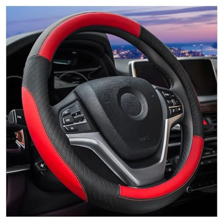 JNNJ Steering Wheel Cover Sport Anti-Slip Breathable Leather Car Steering Wheel Cover, Comfortable Protective Interior Accessories for Women Men (Black/Red)