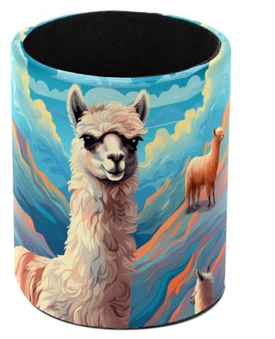 Happy Alpakas Standing Pencil Case, Cute Round Pen Holder Pouch Pencil Bag Makeup Brush Boxes for School Students Office Women Teens Girls Boys