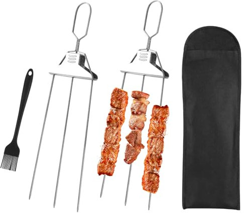 Marstey 2pcs Meat Forks, Stainless Steel Kabob Skewers, 3 Way Grill Skewers with Silicone Brush, Reusable BBQ Skewers, Rust-Proof and Easy to Clean, for Camping, Picnic and Party
