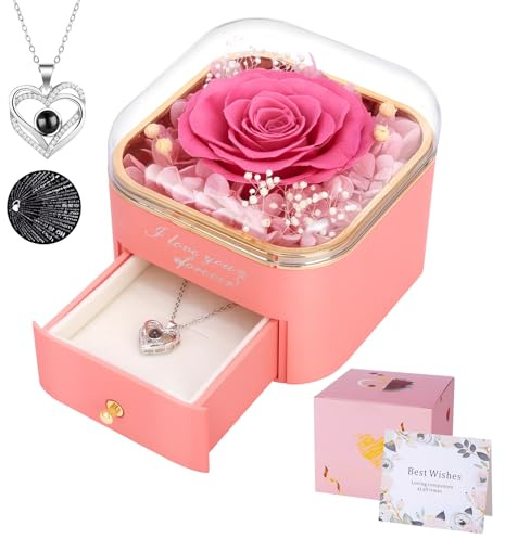Firestyle Preserved Pink Real Rose with I Love You Necklace in 100 Languages-Eternal Flowers Rose Gifts for Women Mum Wife Girlfriend on Christmas Valentines Day Mothers Day Anniversary Birthday