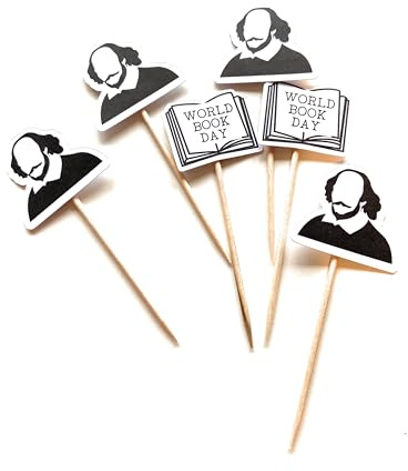 Shakespeare World Book Day cake toppers, World Book decorations, reading and books hobby food flag sticks