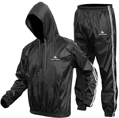 NORTH EDGE Heavy Duty Sweat Suit Sauna for Exercise Gym Sauna Suit Fitness workout Anti-Rip (Black Hooded, Small)