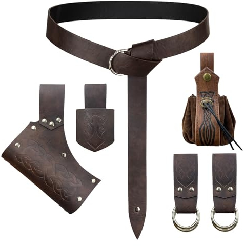 EpicCos 6 PCs Renaissance Belt Costume Medieval Accessories Belt Pouch Skirt Hiking Sword Frog Viking Horn Belt Holster(Braun A)