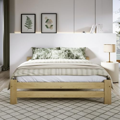 Nodax Double Bed Frame 4ft6 – Solid Pine Wooden Bed Frame for Adults, F14 Easy Assemble Bed with Sturdy Slats & Extra Three Supportive Legs, Comfortable Bedroom Furniture | 4ft6 (Double)