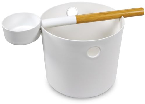 KOLO Sauna Kübel Kiulu 5 l und Aufgusskelle Kauha 300 ml - Weißes Aluminium - Bambusgriff - Langlebiges zweiteiliges Sauna-Set für Aufgüsse und authentische finnische Saunakultur - Made in Finland