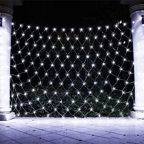 DINOWIN Guirnaldas Neta Luz Batería 2x3M 192LED Luces de Red 8 modos Luces de Cadena Impermeable Luces de Arbol de Navidad para Halloween, Jardín, Bodas (Blanco)