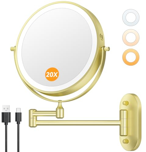 Auxmir 8'' Wall Mounted Lighted Makeup Mirror, 3200mAh Rechargeable Double-Sided 1X/20X Magnifying Mirror with Light, Touch Dimmable 3 Color Light, 360° Rotation Foldable Extended Arm, Gold