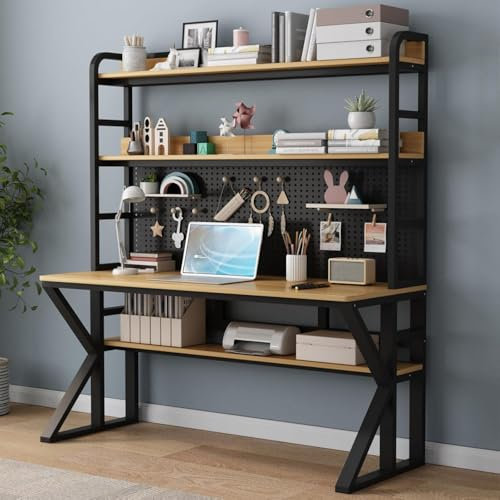 Computertisch aus Massivholz mit Ablageflächen, Stecktafel und modernem Design, großer Schreibtischtisch für Heimbüro, 78,7 x 175,3 x 60,9 cm (B x H x T), Schwarz und Weiß
