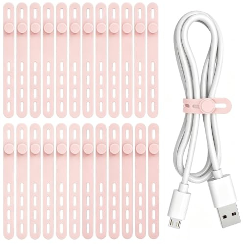 24Pcs Silicone Cable Ties Cord Organizer Wrap - Reusable Washable Wire Ties Management with Lock Buckle, Adjustable Fastening Cable Strap Tie, Multi-Purpose High Elastic Cord Organizer(Pink)