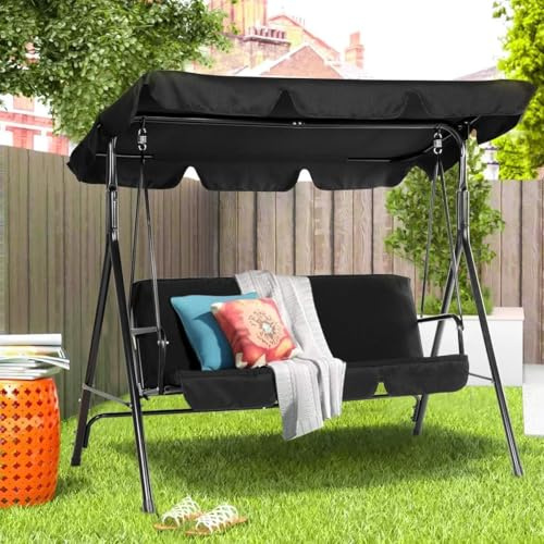 UNIONLINE Garden Swing Chair, Outdoor 3-Seat Glider Porch Bench with Removable Cushion and Adjustable Shade, Garden Swing Chairs for Poolside,Backyard (Black)
