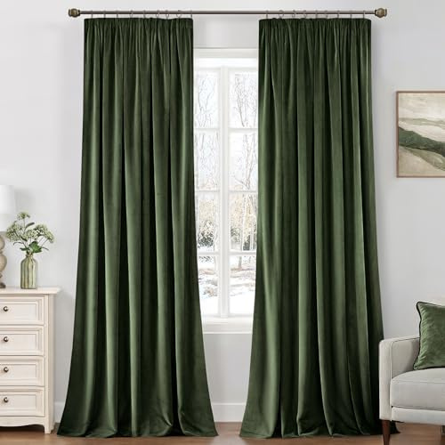MIULEE Samtvorhang Kräuselband Blickdicht 2er Set Olivgrün 140x245cm | Samtvorhang schwer blickdicht, thermische Isolierung, Kräuselband, edler Look für Wohn- und Schlafzimmer