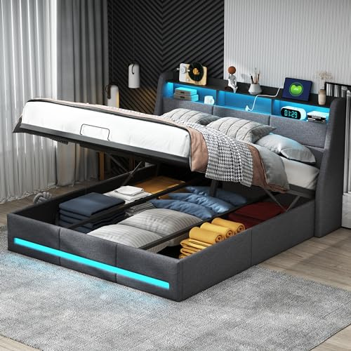 JYNVO Klädd sängstomme 140x190 med förvaringsutrymme, dubbelsäng med LED-belysning och USB-uttag, förvaringssäng med hydraulisk, ribbotten, linne, ungdomssäng, grå, utan madrass