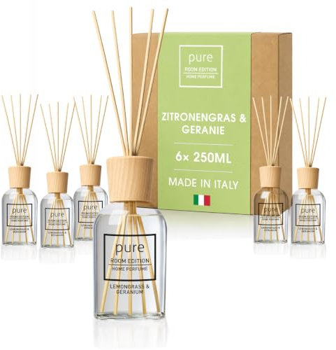 PURE ROOM EDITION SparBox 6 X 250 ml Profumo per ambienti, citronella e geranio: ingredienti naturali, vegani e senza sperimentazione animale, alcool biologico, diffusore con bastoncini Made in Italy
