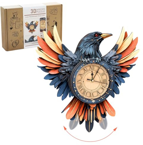 Lilcubics 3D Holz Halloween Dekorationen Krähenuhr Puzzle für Erwachsene - Mechanisches Modellbauset mit Pendel & Glockenspiel, DIY Wanduhr für Home Office Weihnachten Dekor