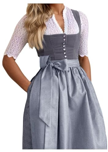 Dirndl Damen Midi Trachtenkleid Trachtenmode Trachtenrock Einfarbig Kleid 2 teilig Oktoberfest Outfit mit Dirndlschürzen Grau L