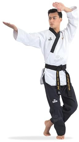 Daedo Poomsae Dan Taekwondo Dobok for Men – WT Approved Uniform Set – White Top Black Pants – 65/35 Poly-Cotton Fabric - 4
