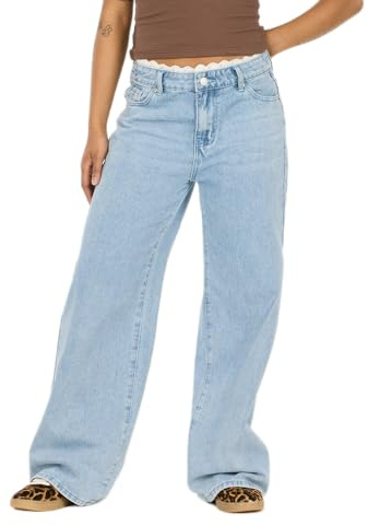 Forever 21 Women’s Wide-Leg Jeans – Light Wash Denim with Lace Trim Waistband, High-Rise Relaxed Fit Vintage Y2K Style, Blue, 2